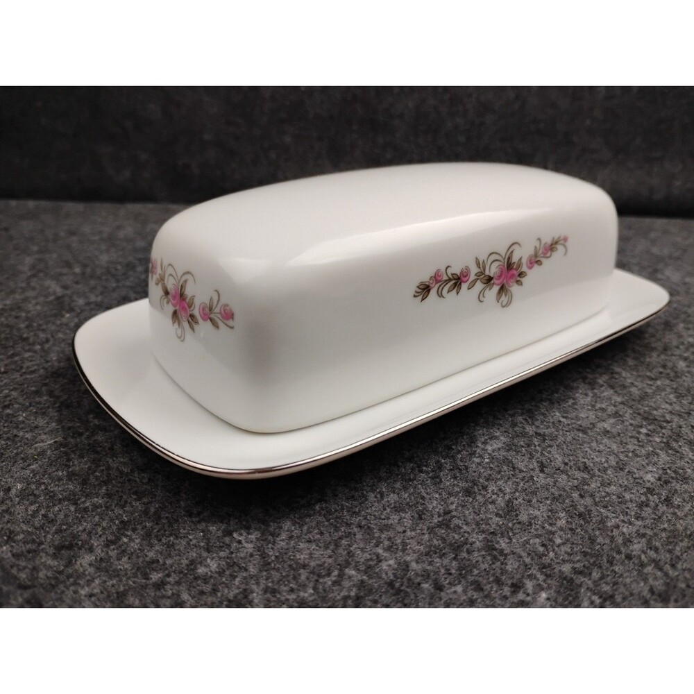 Vintage Mikasa Kensington Covered Butter Dish Japan White w Pink Rose Garland